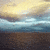Pixelated landscape with layered horizontal bands of yellow, blue, and brown hues under a bright central light source.