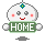 Pixelated character with white rounded head, gray eyes, pink cheeks, red mouth holding green sign reading HOME on light gray background.