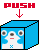Pixelated blue cube with white character face showing three eyes and red mouth, labeled PUSH above in red text.