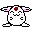 Pixel art bunny with red flower on head, pink cheeks, and black eyes; left view shows closed mouth, right view shows open mouth with tongue.