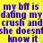 Static image with yellow background and blue pixelated text repeating 'my bff is dating my crush and she doesn't know it' in multiple