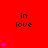 A 3x3 contact sheet of an animated AIM buddy icon showing sequential frames with pink hearts rising against a red background and "in love" text.