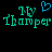 Pixelated teal text 'My Thumper' with a blue heart symbol on black background, two identical instances side-by-side.