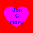 Four identical pink hearts on red background with blue text "Jon & Mary" inside each heart.