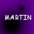 Purple background with four displaying the name "MARTIN" in white pixelated text and black circular shapes that shift position across frames