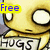 Pixelated yellow cartoon character with large white eyes and a small mouth, holding a sign reading 'HUGS' under blue text overlays.