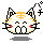 A 4-frame pixel art animation of a white cat-like mascot with orange stripes and red cheeks, showing alternating expressions and motion effects on a gray background.