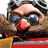 Pixelated character with large blue eyes, red nose, and brown fur wearing a light-colored hat against a blurred background.
