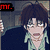 Pixelated anime-style character with dark hair and glasses, wearing a light green shirt and dark jacket, shown in three with changing text labels