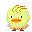 Pixelated yellow chick with brown feet and orange beak in six distinct poses showing varied eye and wing positions.