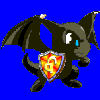 pixelated icons on blue background: black and yellow dragons holding shields, a starburst, and golden trophies with text