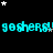 Animated sequence of cyan text repeating 'goshers!' across black background with scattered white and gray stars.
