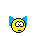 Yellow circular face with wide eyes and a flat mouth, blue wing-like shapes on sides, blue water droplets or streams flowing from the right side of the head.