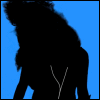 Silhouette of a person with flowing hair against blue background, wearing white earphones in motion