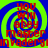 Four identical display red text on a blue and green spiral background with no visible animation changes