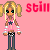 Pixel art character with blonde pigtails, green eyes, pink crop top, dark pants, and white wristbands against pink background with red text.