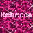 Pixelated pink and magenta patterned background with repeated 'Rebecca' text in light pink, featuring white sparkles and a gray rectangular overlay.
