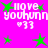 Pixelated pink background with green stars and white text reading 'i love youhunn' followed by a heart symbol and two 3s.