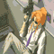 Pixelated character with orange hair and dark sunglasses in a static pose, holding a large rifle against a muted green background.