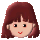 Pixelated cartoon head with brown hair, two black eyes, red lips, and a small pink bow on the right side of the head.