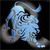 Pixelated static icon of a blue and gray lion-like creature with curved horns against black background, likely representing Leo zodiac sign.