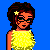 Pixelated cartoon character with brown hair and glasses wearing a yellow sleeveless top and blue jeans against a solid blue background.