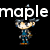 Pixel art character with silver helmet and blue outfit, shown in three poses against black background with partial 'maple' text.