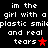 Pixelated text repeats 'im the girl with a plastic smile and real tears' across two , each ending in a red star symbol