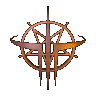 A bronze-colored animated icon featuring a rotating pentagram within a circular frame, with curved bands and vertical elements shifting