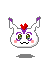 Pixel art contact sheet of a white rabbit-like character with purple accents and red heart on head across five animated frames showing facial expression changes.