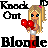Pixel art contact sheet showing two frames of an animated buddy icon featuring a blonde cartoon character with red boxing gloves and pink hair bow, surrounded by text elements on gray background.
