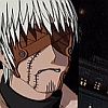 Pixelated anime-style character with white spiky hair, brown headband, and black shirt, cropped close-up showing facial features and upper torso.