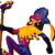 Pixelated static icon of a colorful cartoon character in mid-action pose holding a staff-like object against gray background.