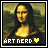 Pixelated Mona Lisa image with 'ART NERD' text and yellow heart symbol below, displayed in a of nine
