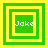 Four green and yellow square frames with 'Jake' text in white pixelated font, each frame has distinct border layers.