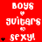 Red background with white pixelated text repeating 'BOYS guitars to sexy!' and black heart symbols in a pattern