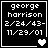 Black background with white pixelated text reading "george harrison 2/24/43-11/29/01" and a heart symbol changing from solid to two separate hearts.