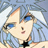 Pixelated anime-style character with light blue hair, blue eyes, and a black star on chest against cloudy sky background.