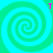 Four cyan and green spiral patterns arranged in a with pink 'T' letters at each corner, static composition