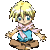 Pixelated character with blonde hair, blue eyes, pink scarf, and blue shirt in various poses including arms outstretched, crossed, and near heart symbols.