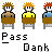 Pixel art of cartoon students at desks with text labels 'Pass' and 'Dank' below, showing animation where one student passes a green object to another.