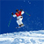 Pixelated static icon of a skier in mid-air against blue background with snow-covered ground below, wearing white outfit and red scarf.