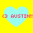 Four identical cyan hearts on a bright yellow background, each containing red pixelated text '<3 AUSTIN!!' with a heart symbol and exclamation marks.