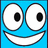 Blue square icon with large white eyes and black pupils, a wide white smile, and a gray on the right side
