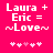 Pixelated text on bright pink background reads "Laura + Eric = ~Love~" with five small hearts below, two versions differ in heart coloration.