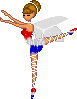 Pixelated fairy figure in ballet pose with red, white, and blue attire against gray background; wings and limbs show slight animation differences across frames.