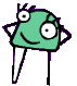 Green cartoon character with large white eyes, small mouth, and purple outline; head alternates between forward-facing and side views while standing on two legs.