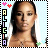 Pixelated portrait of a person with long dark hair, light skin, and a neutral expression, framed by a black-and-white striped border with colorful text and heart symbols.