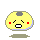 Yellow circular character with gray top spot, red cheeks, and blue outline; mouth alternates between open rectangle and closed circle across frames.