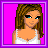 Pixel art contact sheet showing four frames of an animated AIM buddy icon featuring a female character with brown hair, white tank top, and gray pants against a bright pink background.